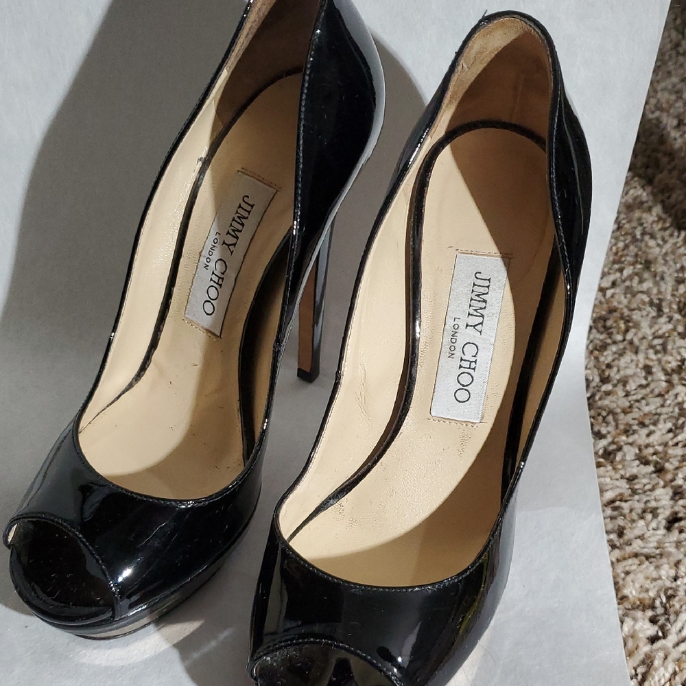 Jimmy Choo Black Patent Leather Peep-Toe Stilettos